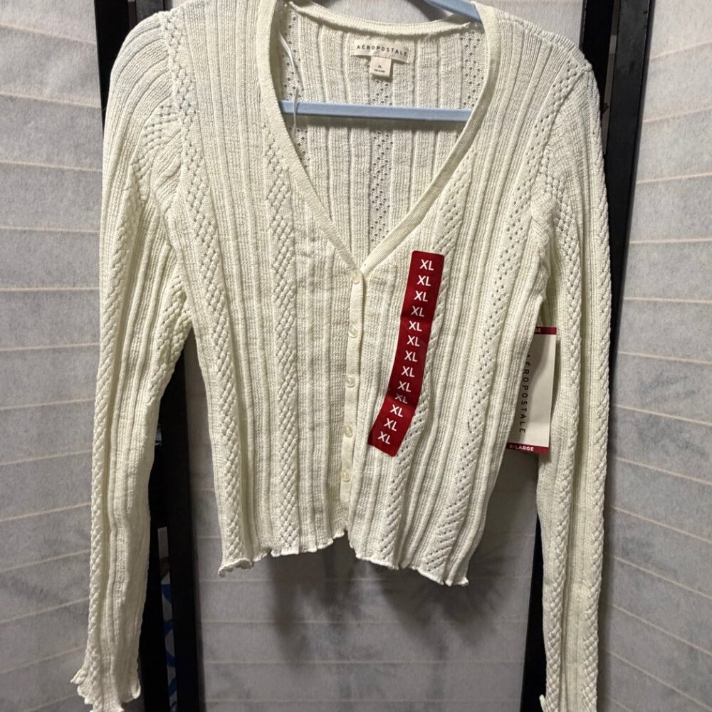 Aeropostale Pointelle‎ Knit Cardigan Sweater Cream White Button V-Neck XL NWT - Picture 2 of 7